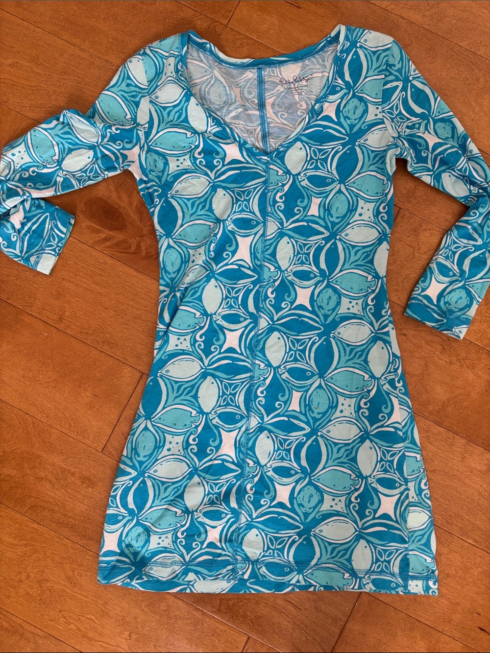 Lilly Pulitzer Teal & Aqua Patterned V-Neck Mini Dress Cotton